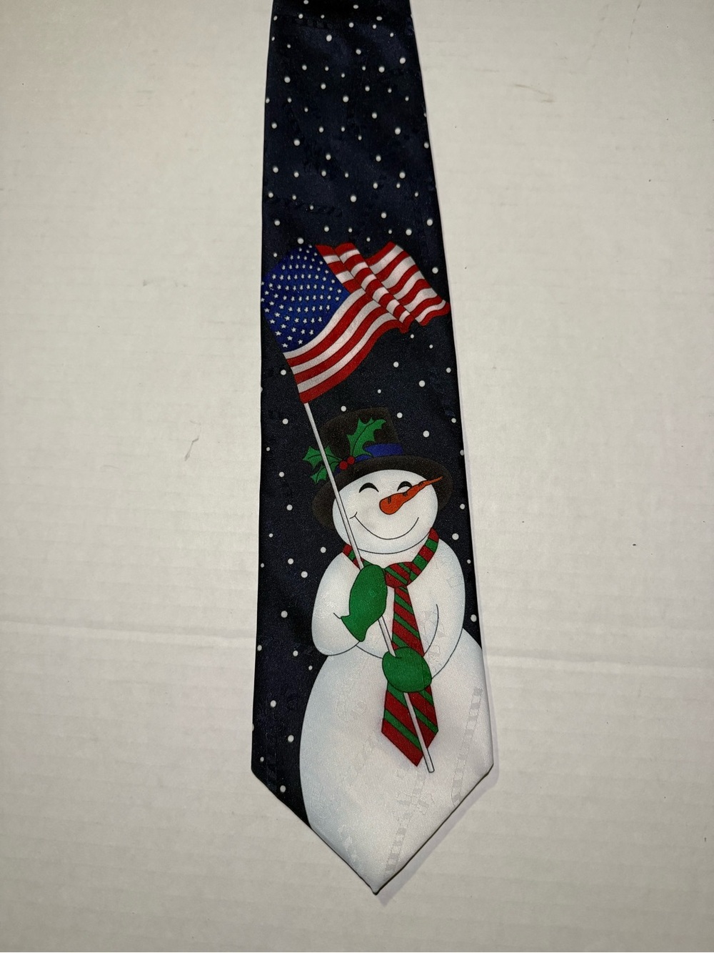 Festive Snowman Flag Tie - Navy, White, Green, Red